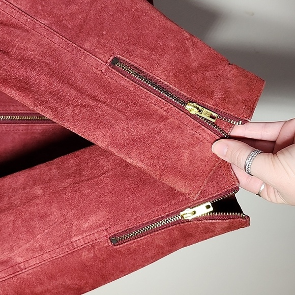 Live A Little Red Suede Jacket Leopard Lined Womens Medium Moto Jacket Bikercore - Picture 7 of 11